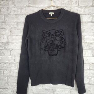 Kenzo Sweater Tiger Head Ribbed Knit 100% Wool Designer Black L
